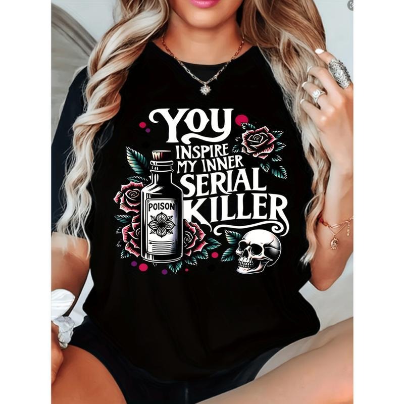 [100% Cotton] Funny Plus Size Womens You   My Inner Killer Graphic Tee Edgy Skull Roses   Fabric Casual Crew Neck Short...