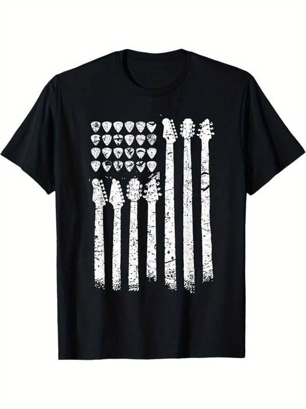 [100% Cotton] Guitar Print Men's Cotton Graphic T-shirt, Casual Short Sleeve Crew Neck T-shirt Hoodie, Sweatshirt