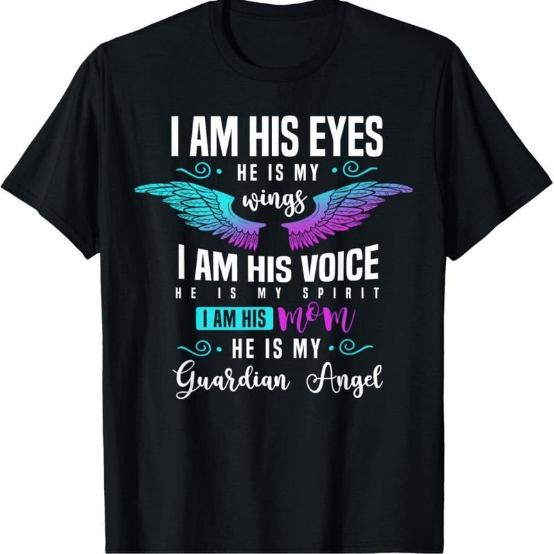 [100% Cotton] I Am His Eyes He Is My Wings Autism Mom T-Shirt With Angel Design. Golf Gift T-Shirt For Men and Women...