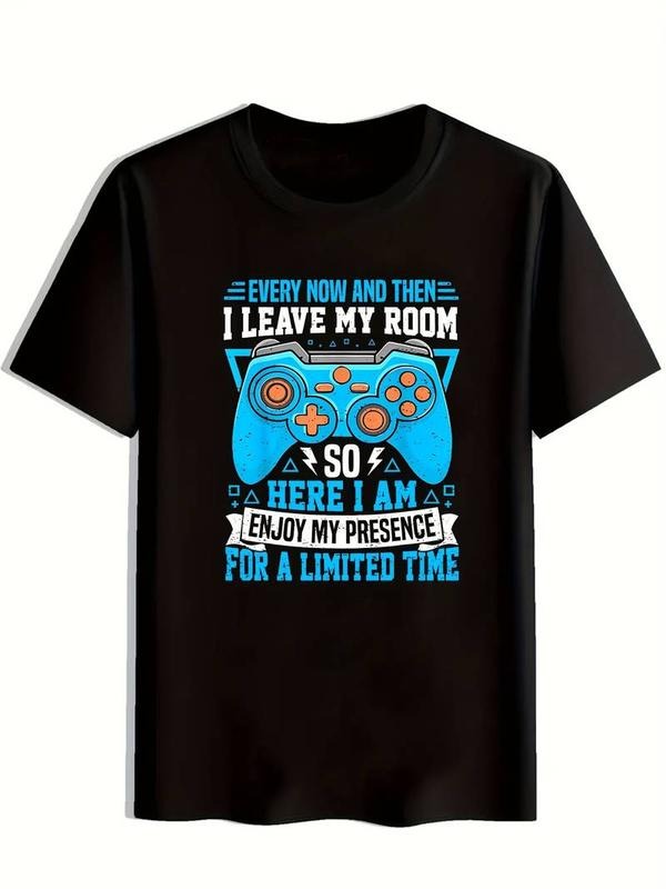 [100% Cotton] Men's Casual Crew Neck T-Shirt with Gaming Controller Print, Polyester 95% Elastane 5%, Short Sleeve,...