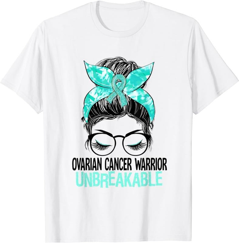 [100% Cotton] Messy Bun Teal Ribbon Ovarian Cancer Warrior Unbreakable T-Shirt Hoodie, Sweatshirt | HypeCrazeTee.com