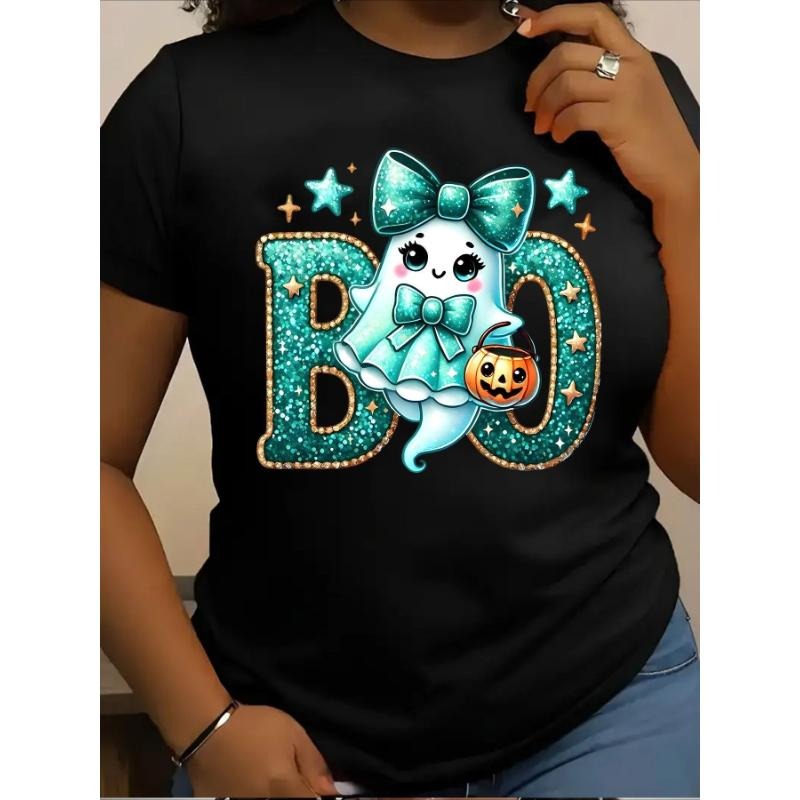 [100% Cotton] Plus Size - Women'S Halloween T-Shirt - Glitter BOO Letters & Pumpkin Graphic - Black Tee - Plus Size...