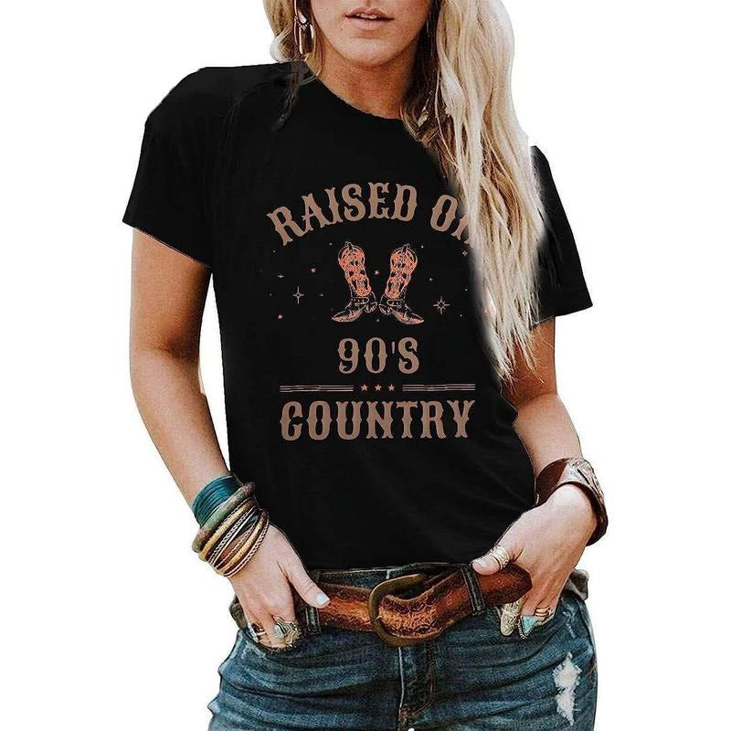 [100% Cotton] Raised on 90s Country Shirt Womens Vintage Cowgirl T-Shirt Concert Outfits Casual Country Music Graphic...