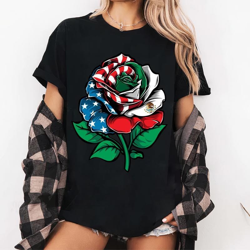 [100% Cotton] Rose Mexico USA Flag Shirt, Mexican American Shirt, Mexico Independence T-Shirt Hoodie, Sweatshirt