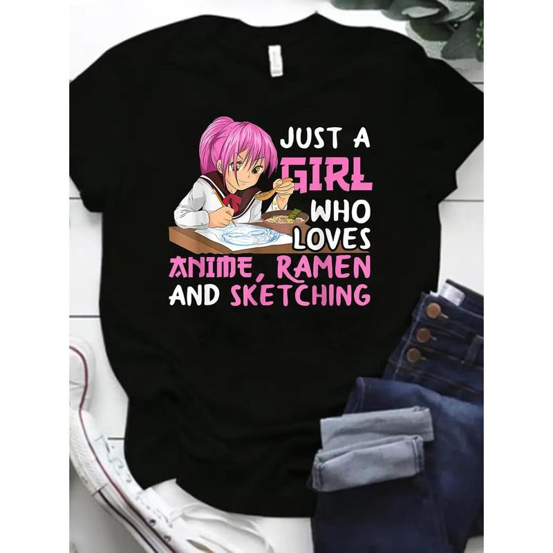 [100% Cotton] Short Sleeve Anime & Letter Print Crew Neck T-Shirt for Spring & Summer, Women's Casual Clothing  Golf Gift...