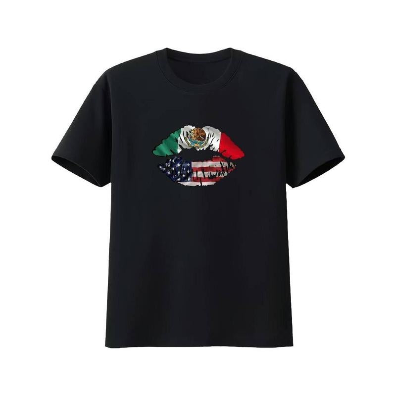 [100% Cotton] Soft & Breathable 100% Cotton T-Shirt with USA-Mexico Flag Lips Design Hoodie, Sweatshirt | HypeCrazeTee.com