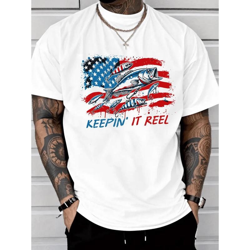 [100% Cotton] T - Shirt for Fishing Enthusiasts: 'Keepin' It Reel' Design with American Flag and Fish Graphics for an...
