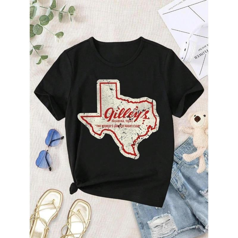 [100% Cotton] Vintage Gilleys Pasadena Texas Women'S T-Shirt - Retro Western Style   Short Sleeve Crew Neck Black Tops...