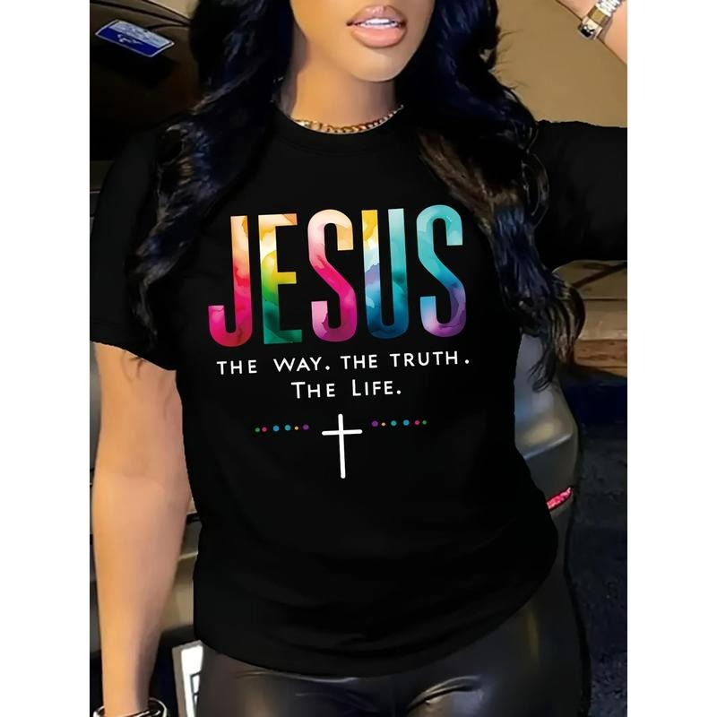 [100% Cotton] Women'S Inspirational Jesus Graphic T-Shirt - Colorful Letter & Cross Print, Crew Neck Short Sleeve Top For...