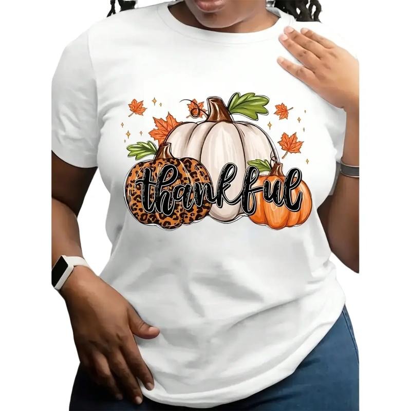 [100% Cotton] Women'S Plus Size Thanksgiving Graphic T-Shirt - Happy Thanksgiving Print With Pumpkins Casual Short Sleeve...