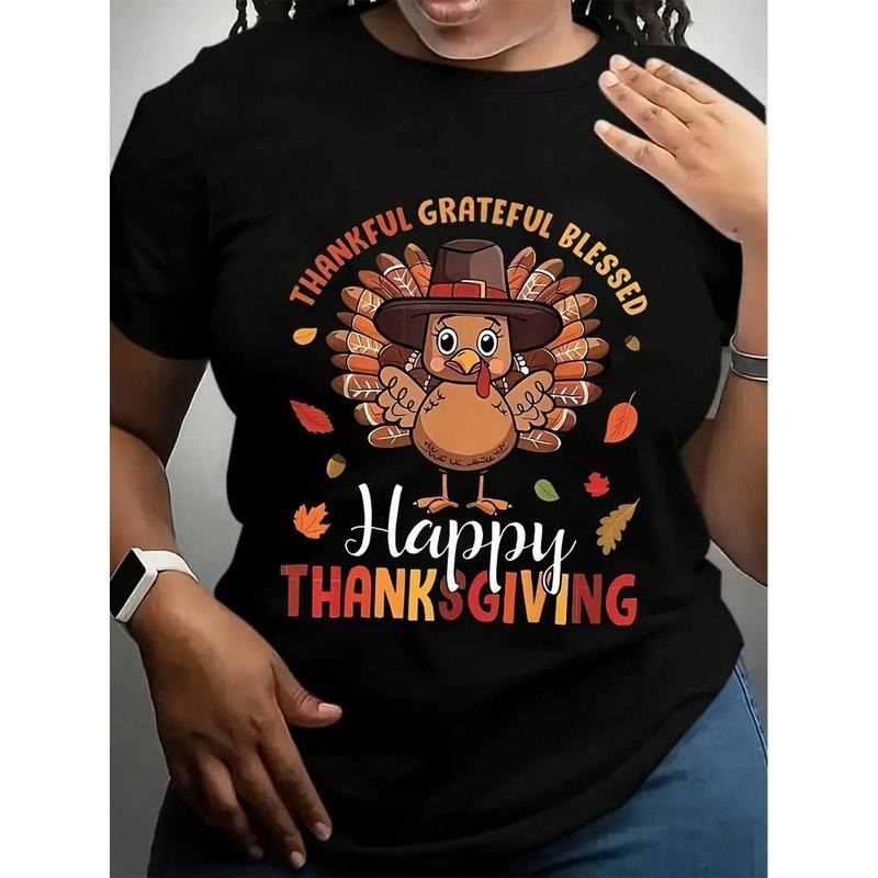 [100% Cotton] Women'S Plus Size Thanksgiving Graphic T-Shirt - Happy Thanksgiving Print With Pumpkins, Casual Short...