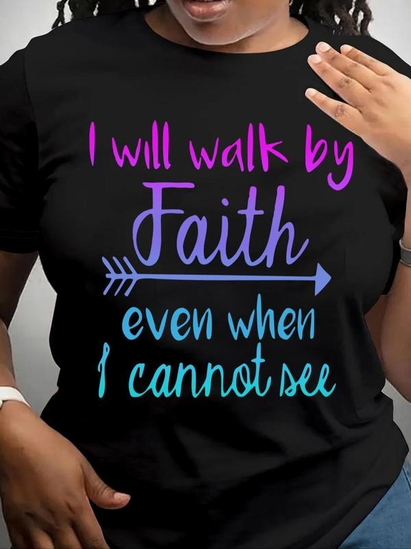 [100% Cotton] Women's "I WILL WALK BY MY FAITH" Letter Print Round Neck Tee, Vintage Trendy Casual Short Sleeve T-shirt...