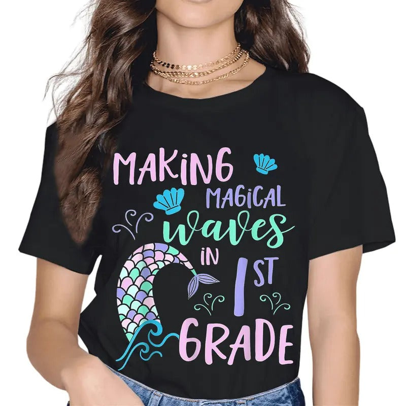[100% Cotton]1st Grade Girls Cute Mermaid First Day Kids Back To School T-Shirt Black Hoodie, Sweatshirt | HypeCrazeTee.com