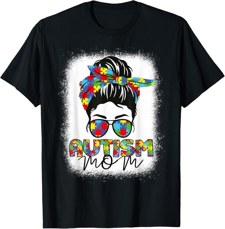 100% Cotton Autism Mom Life Messy Bun Bleached Mothers Day Autism Mom T-Shirt Hoodie, Sweatshirt | HypeCrazeTee.com