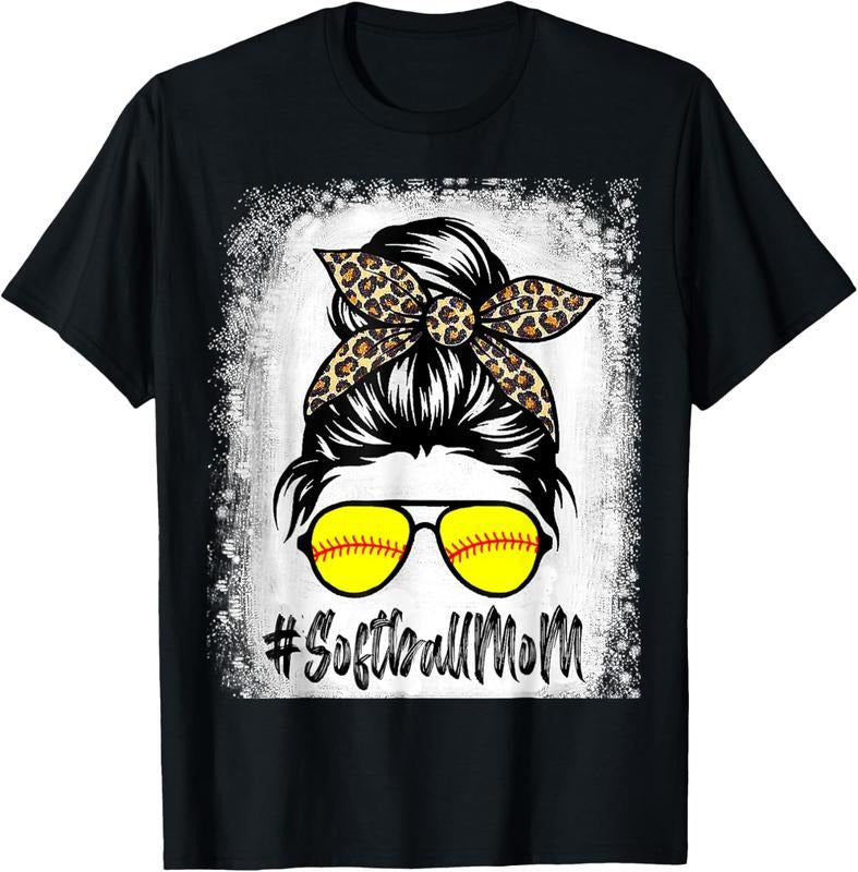 100% Cotton Bleached Softball Mom Life With Leopard and Messy Bun Player T-Shirt Hoodie, Sweatshirt | HypeCrazeTee.com