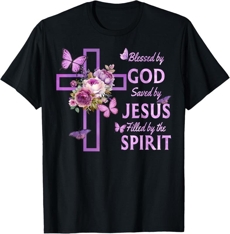100% Cotton Blessed by God Saved by Jesus Purple Floral Cross Christian T-Shirt Hoodie, Sweatshirt | HypeCrazeTee.com