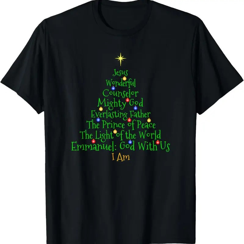 100% Cotton Christian Christmas Shirts Bible Names of Jesus Tree Shaped T-Shirt Hoodie, Sweatshirt | HypeCrazeTee.com