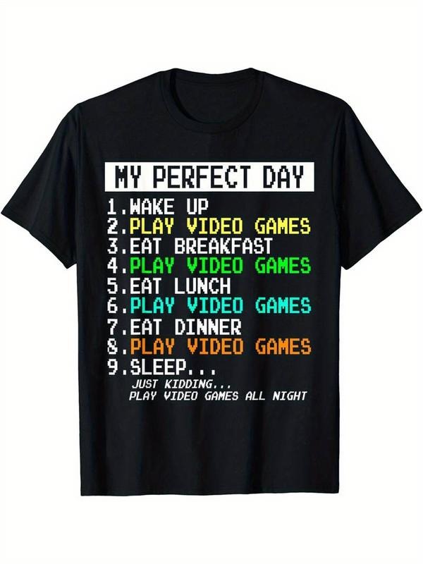 [100% Cotton]Comfy Stretchy Graphic Men's Short Sleeve My Perfect Day Wake Up Play Video Games T-shirt For Summer Hoodie,...