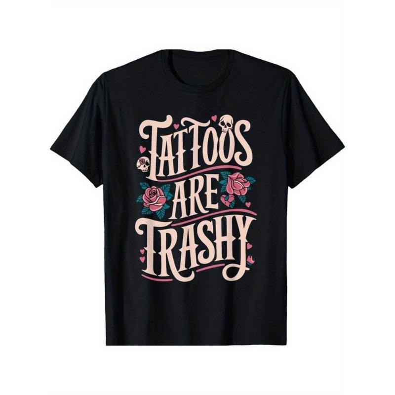 100% Cotton Cotton Unisex T-Shirt | Casual Round Neck, Geometric Pattern, "Tattoos Are Trashy" Slogan, Breathable Knit...