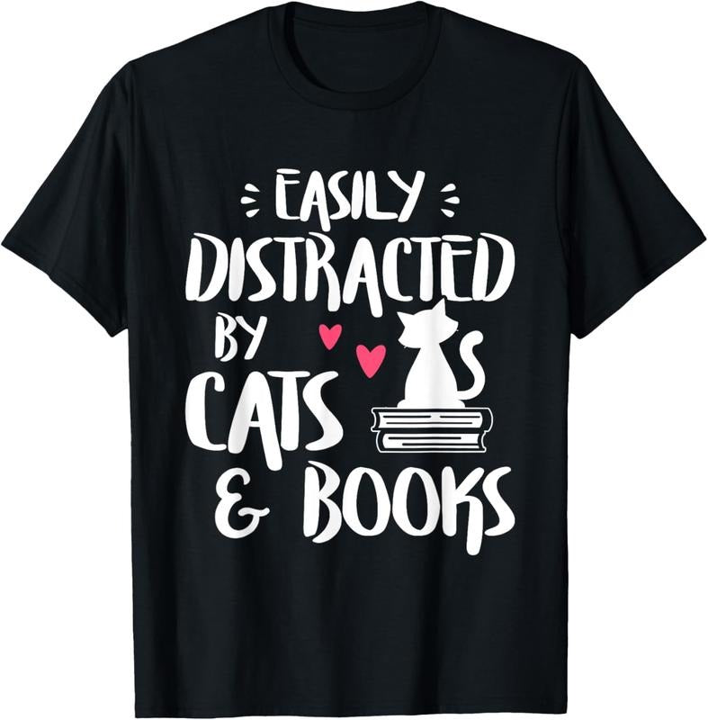 100% Cotton Easily Distracted by Cats and Books - Cat & Book Lover,Short Sleeve T-Shirt Hoodie, Sweatshirt | HypeCrazeTee.com