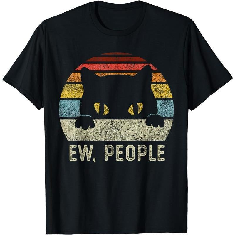 [100% Cotton]Ew People Retro Cat Funny Vintage Anti Social Introvert T-Shirt Graphic Tees Crewneck Shortsleeve Casual...