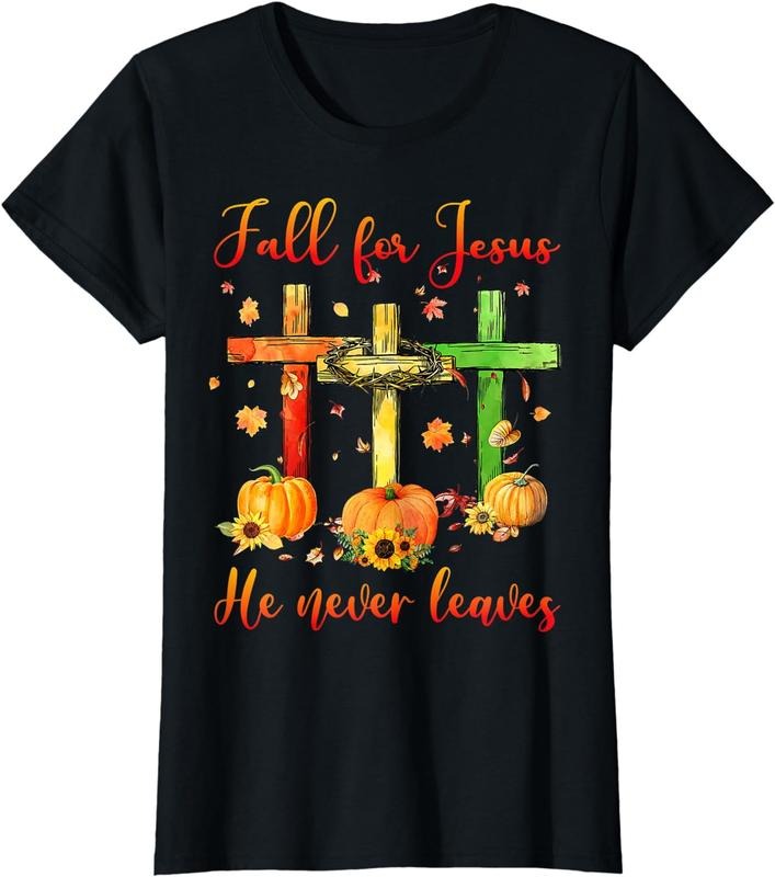 [100% Cotton]Fall For Jesus He Never Leaves Autumn Christian Gift Costume T-Shirt Hoodie, Sweatshirt | HypeCrazeTee.com