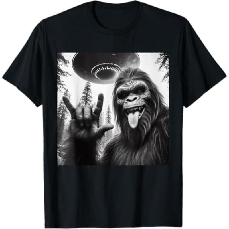100% Cotton Funny Sasquatch Bigfoot Rock On Selfie With UFO Alien T-Shirt Hoodie, Sweatshirt | HypeCrazeTee.com