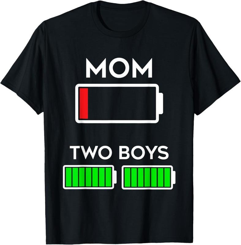 100% Cotton Funny Tired Mom of two Boys Battery Low Design T-Shirt Hoodie, Sweatshirt | HypeCrazeTee.com