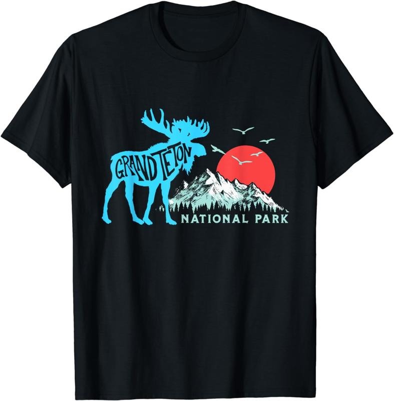 [100% Cotton]Grand Teton National Park Moose & Mountains Typography T-Shirt Hoodie, Sweatshirt | HypeCrazeTee.com
