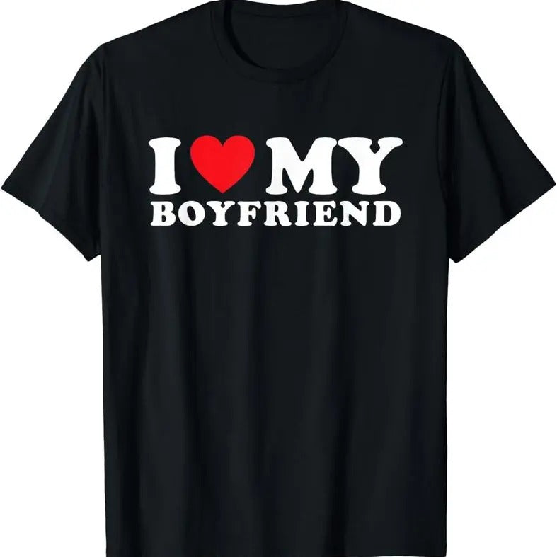 [100% Cotton]I Love My Boyfriend I Heart My Boyfriend BF T-Shirt Lovers Gift Black Casual Crew Neck Cotton Tee Girlfriend...