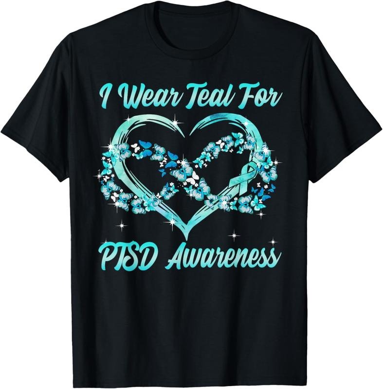 100% Cotton I Wear Teal For PTSD Awareness Heart Butterfly T-Shirt Hoodie, Sweatshirt | HypeCrazeTee.com