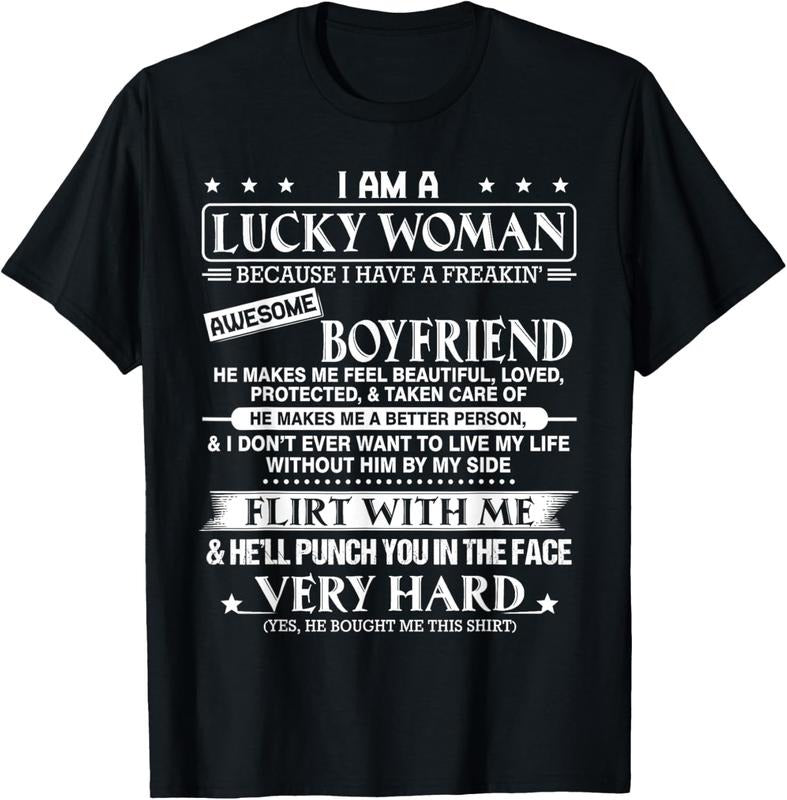 100% Cotton I am a lucky woman I have a freakin' awesome boyfriend T-Shirt Hoodie, Sweatshirt | HypeCrazeTee.com