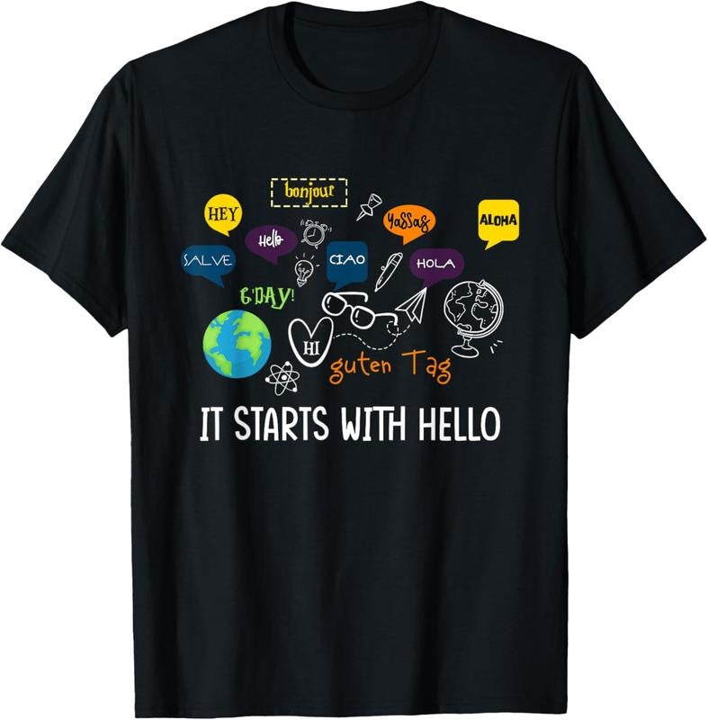 100% Cotton It Starts With Hello Friendship Inclusion Language Teacher T-Shirt Hoodie, Sweatshirt | HypeCrazeTee.com