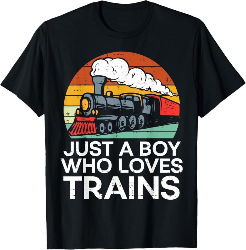 100% Cotton Just A Boy Who Loves Trains Retro Locomotive Men  Youth T-Shirt Hoodie, Sweatshirt | HypeCrazeTee.com