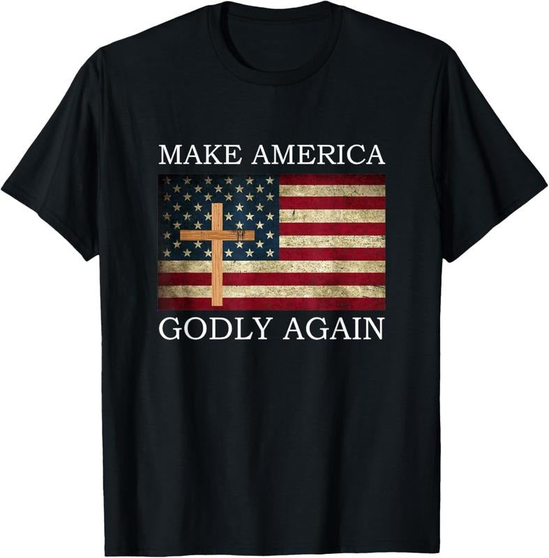 100% Cotton Make America Godly Again American Flag Cross Jesus T-Shirt Hoodie, Sweatshirt | HypeCrazeTee.com