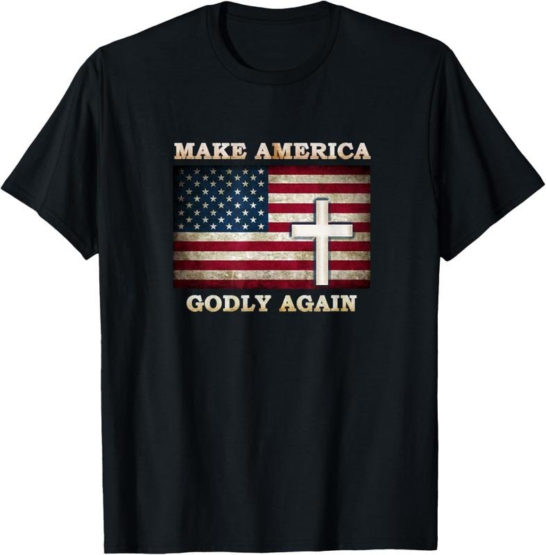 100% Cotton Make America Godly Again American Flag with Cross of Jesus T-Shirt Hoodie, Sweatshirt | HypeCrazeTee.com