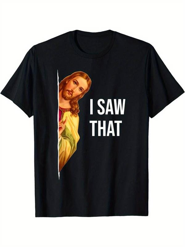 [100% Cotton]Men's "I SAW THAT" Jesus Meme Graphic T-Shirt - Casual Black Polyester Tee with Crew Neck, Short Sleeves -...