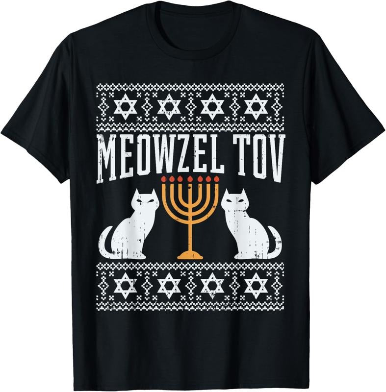 100% Cotton Meowzel Tov Chanukah Jewish Cat Owner Ugly Hanukkah Gift T-Shirt Hoodie, Sweatshirt | HypeCrazeTee.com