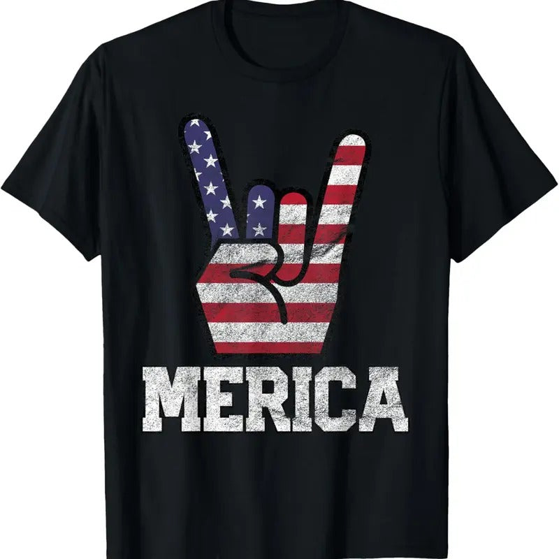 100% Cotton Merica Rock Sign 4th of July Vintage American Flag Retro USA T-Shirt Hoodie, Sweatshirt | HypeCrazeTee.com