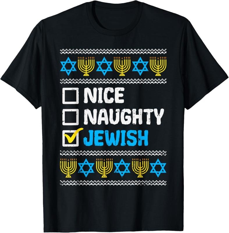100% Cotton Nice Naughty Jewish Ugly Hanukkah Sweater Chanukah Jew Gift Short Sleeve T-Shirt Hoodie, Sweatshirt