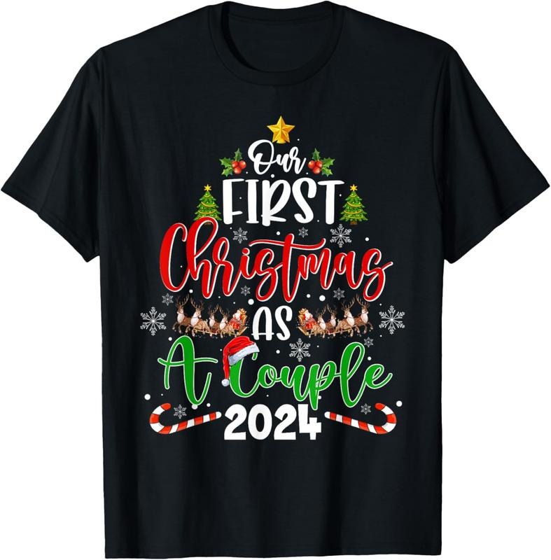 100% Cotton Our First Christmas As A Couple 2024 Xmas Love Couple Pajama T-Shirt Hoodie, Sweatshirt | HypeCrazeTee.com
