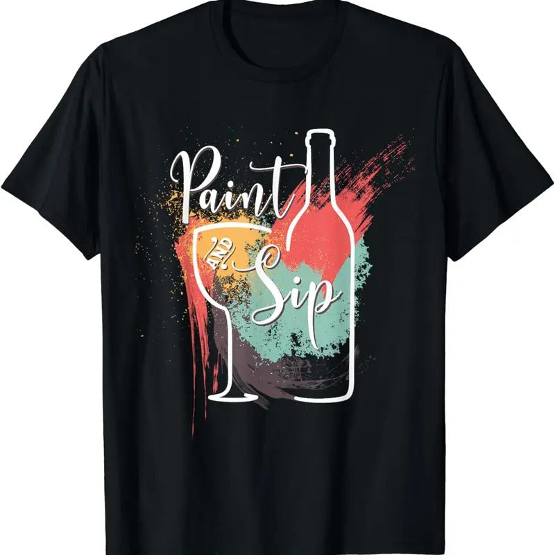 [100% Cotton]Paint and Sip Party Night Wine and Canvas Art Novelty T-Shirt Hoodie, Sweatshirt | HypeCrazeTee.com