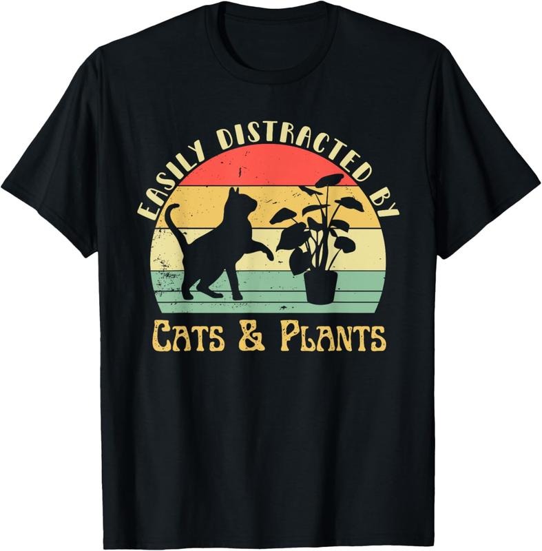 100% Cotton Retro Pet Cat Plant Lover Easily Distracted Plants & Cats T-Shirts, Hoodie, Sweatshirt