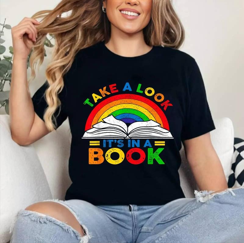 [100% Cotton Shirt] Retro Rainbow Take A Look It's In A Book Reading Bookworm Unisex T-Shirt Hoodie, Sweatshirt