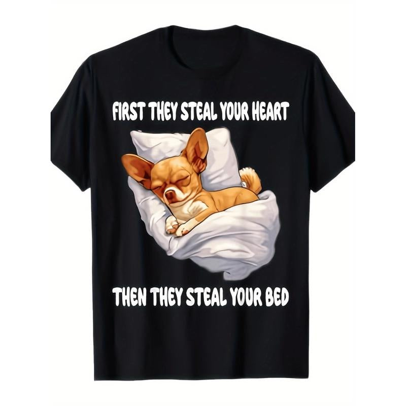100% Cotton Summer T Shirts Funny Chihuahua First Steal Your Heart Your Bed Graphic T Shirt Black Casual Short Sleeve Tee...