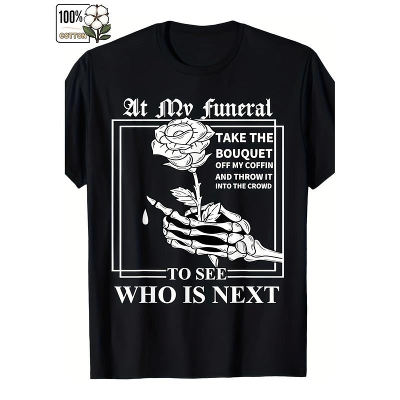 100% Cotton Summer T Shirts Men'S Cotton Casual T Shirt Short Sleeve Crew Neck Black With White Rose And Skeleton Hand...