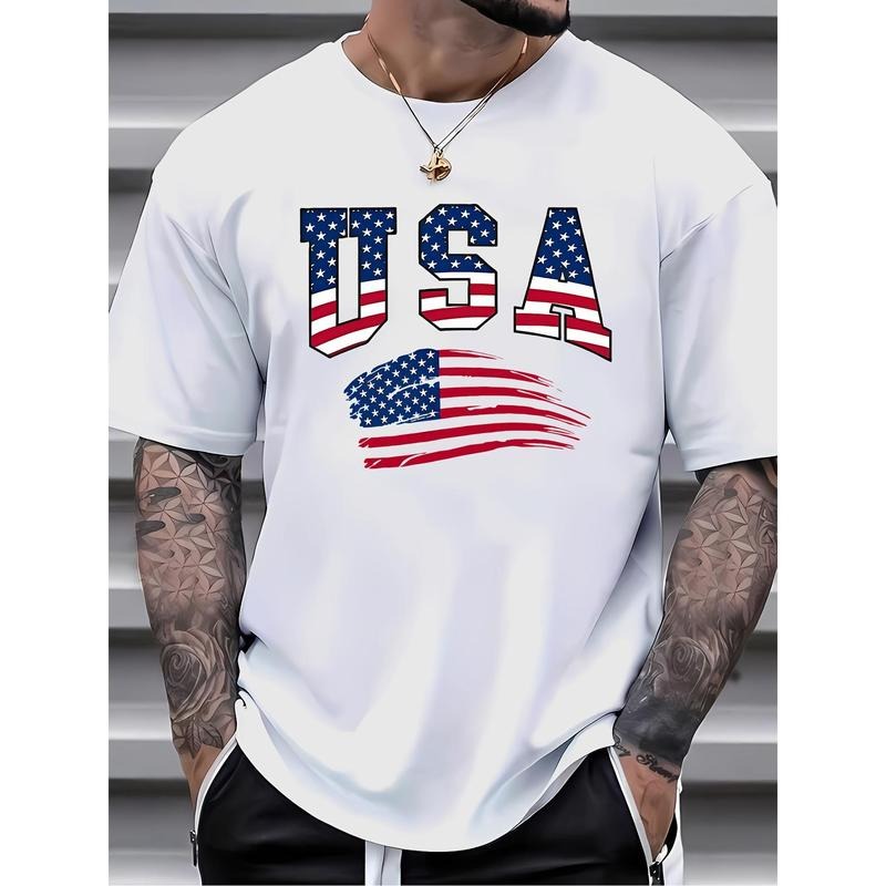 100% Cotton T-shirt, American Letter American Flag Printed T-shirt, Men'S T-shirt, Summer Casual Short Sleeve T-shirt...