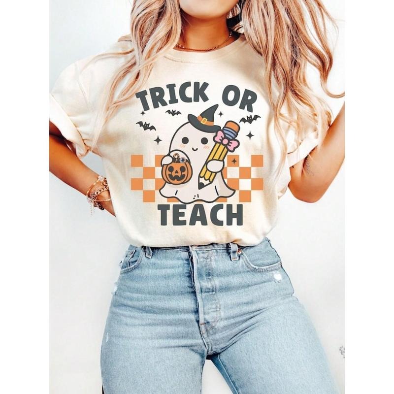 100% Cotton Teacher Halloween Shirt, Halloween Teacher Shirt, Trick Or Teach Shirt, Spooky Teacher T-Shirt, Retro Ghost...
