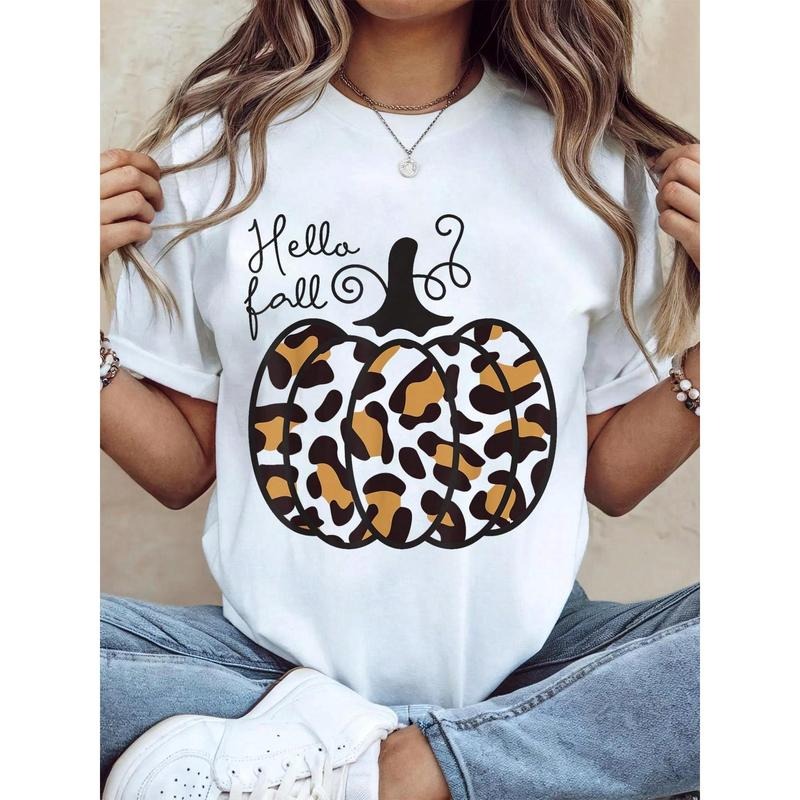 100% Cotton Thanksgiving Graphic Women T Shirt Hello Fall Theme Cheetah Pumpkin Leopard Women Teen Girls T-Shirt Hoodie,...
