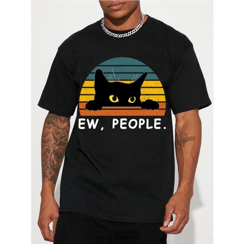 100% Cotton Trendy Black Cat Print Mens T-Shirt For Stylish Summer Outfits And Unique Gift Ideas Comfortable Short Sleeve...